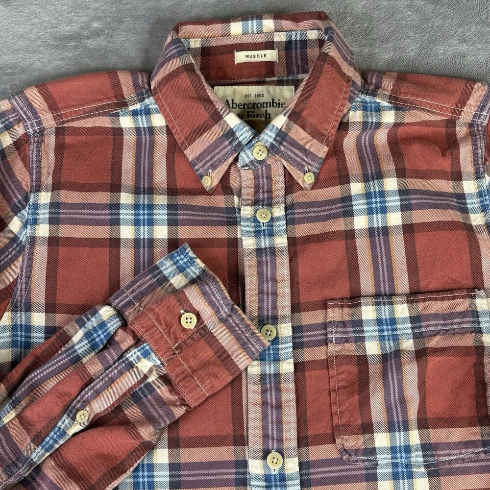 Abercrombie & Fitch Shirt Mens XL Muscle Button Down Rust Brown Plaid‎ Collared
